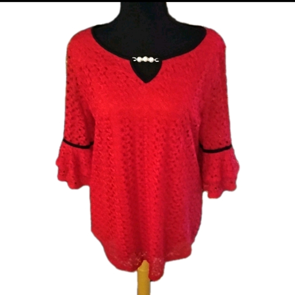 Elegant Red Blouse with Ruffle Sleeves
